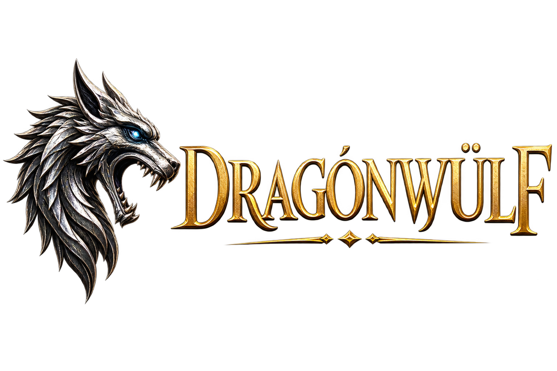 A stylized logo featuring a snarling silver-gray wolf head with a glowing blue eye beside the word "DRAGÖNWÜLF" in ornate metallic gold lettering on a black background.
