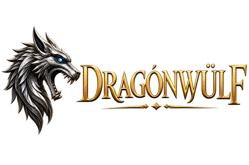 A stylized logo featuring a snarling silver-gray wolf head with a glowing blue eye beside the word "DRAGÖNWÜLF" in ornate metallic gold lettering on a black background.