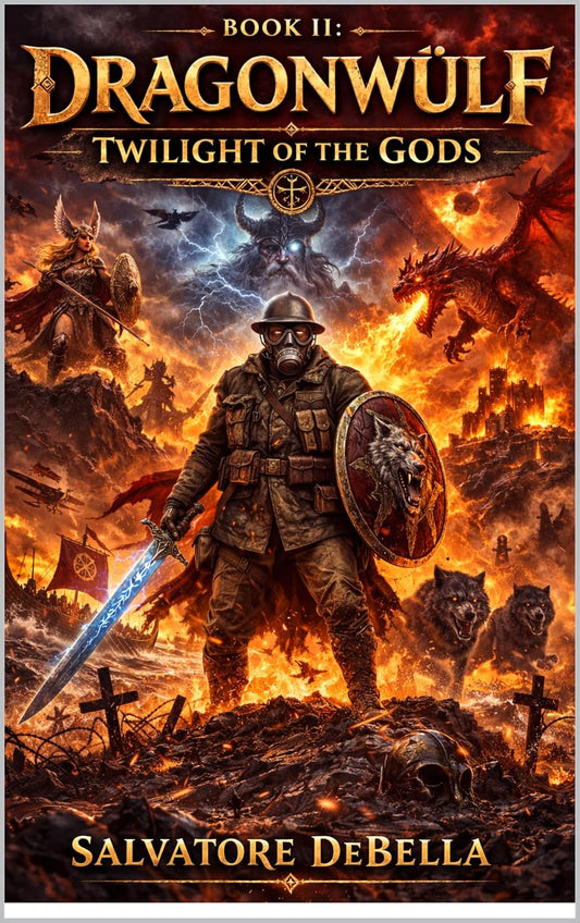 Cover art of "DRAGONWÜLF BOOK II: Twilight of the Gods" by DragonwulfSaga, featuring fantasy-themed imagery with dragons and mystical elements.