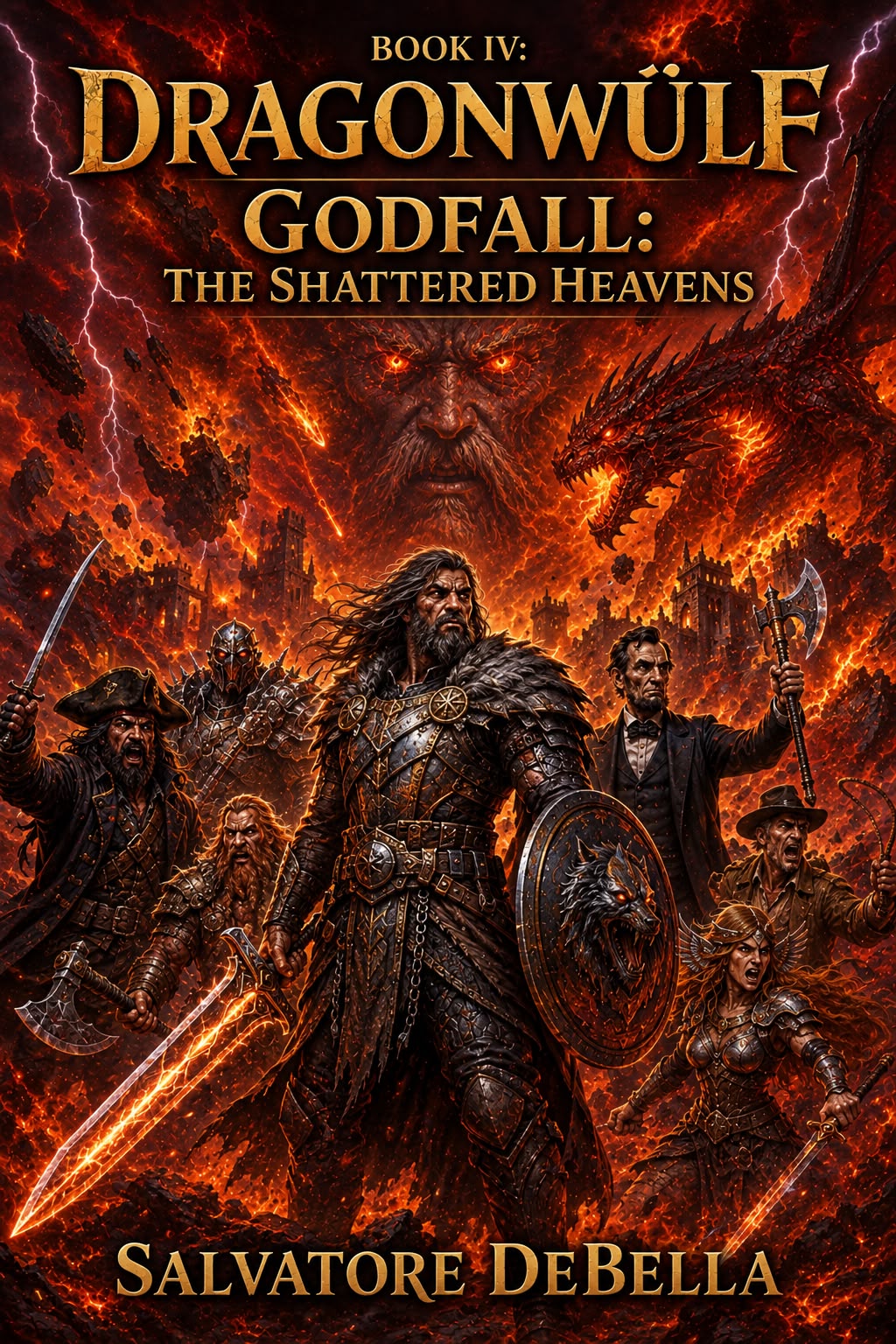 Cover art for Dragonwülf Book IV: The Shattered Heavens by DragonwulfSaga, featuring a fantasy scene with mythical creatures and a shattered sky.